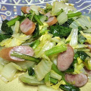 白菜と小松菜と玉ねぎとウインナーの中華炒め☆